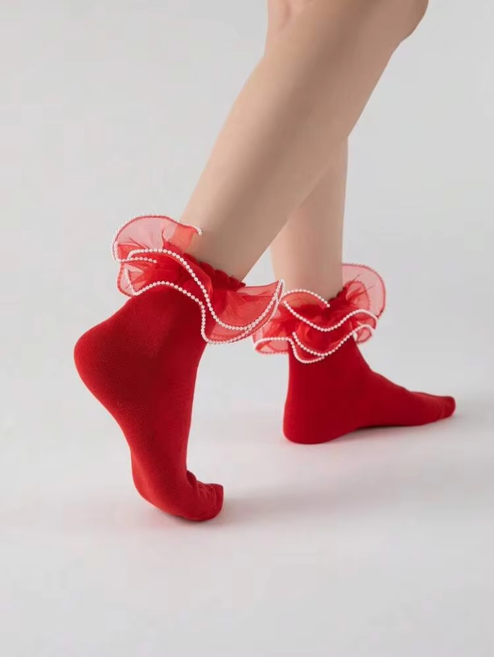 Women’s Red Ruffle Ankle Socks with Sheer Organza Bow & Pearl Trim – Elegant Decorative Frill Socks
